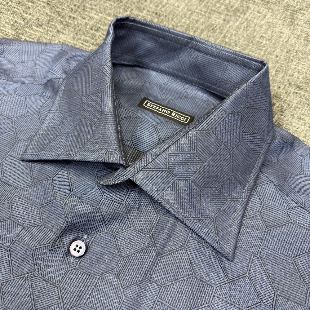 Stefano Ricci Geometric Pattern Dress Shirt Blue Italy 16.5/42 L Luxury